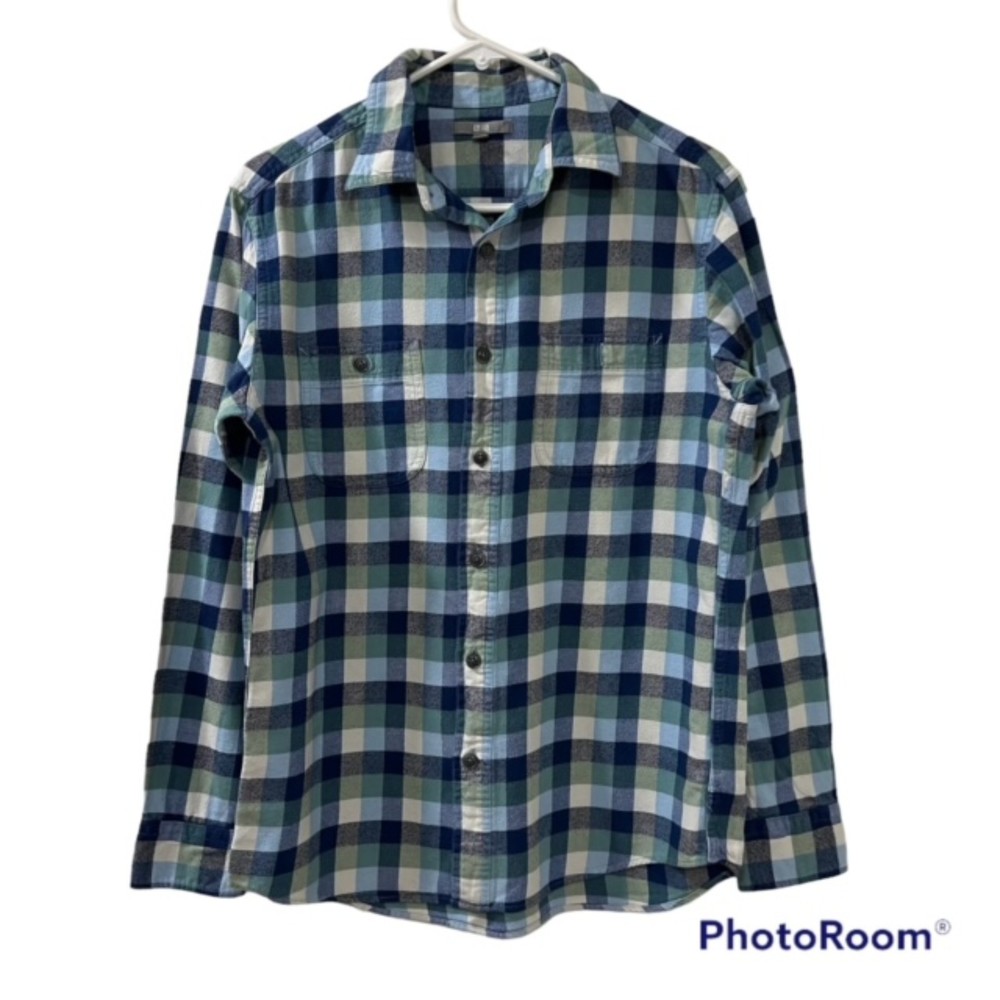 Uniqlo Mens Blue & Green Plaid 100% Cotton LS Button Down Shirt Size Medium